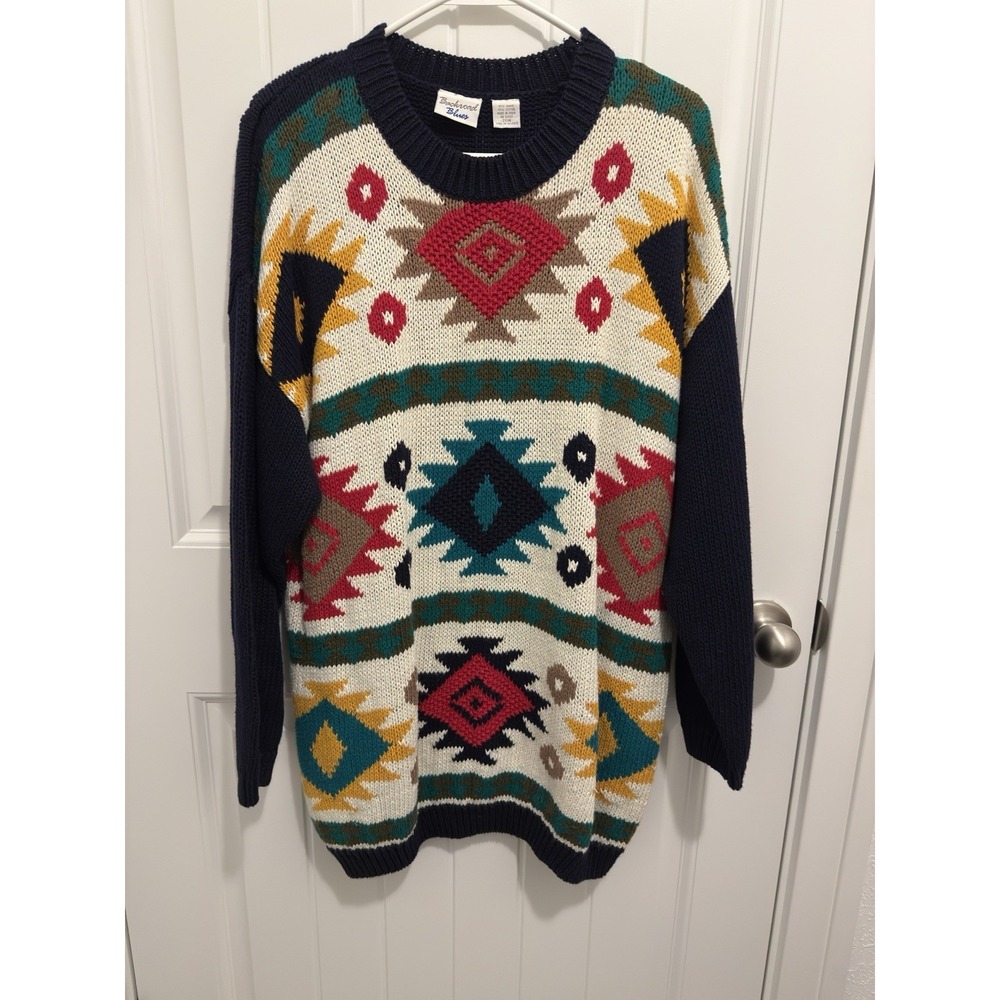Backroad Blues Vintage Women's Colorful Long Sweater Aztec Design Size‎ 20w